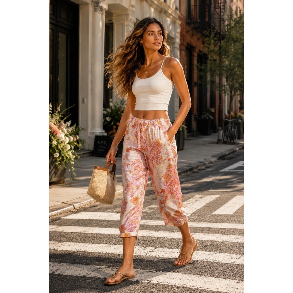 Zara Silky Paisley Floral Capri Pants Pink Orange Boho Resort Medium Pre Loved